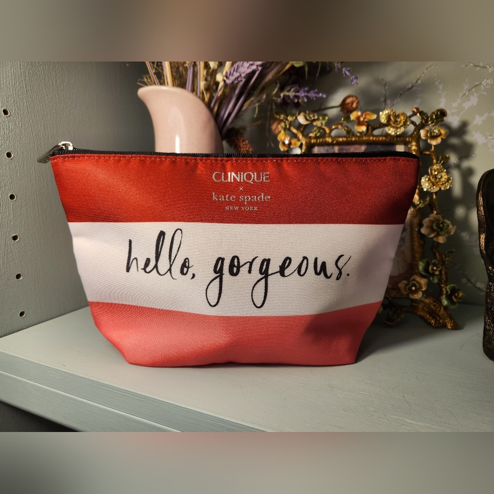 Kate Spade Red Pink White Cosmetic Bag Clinique Hello Gorgeous 10x6x2 Big